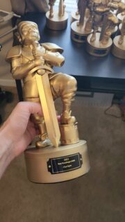 I made Golden Gnome awards for @runescape this summer! Was quite a skill to learn to make so many replicas. 
A 3dprint master was designed to create a mould in rebound 25 silicone, formair putty was used to create a support shell. Then smoothcast 65D was rotated in the mould to create 20 strong and hollow castings which were painted and screwed to a base. Took a while to get a hang of a proper mould and casting.

The emblems were laser engraved on glossblack coated brass plates using Flux Beambox with each winners name on it. 

#runescape #runefest #gga @smoothon
@ramaterials